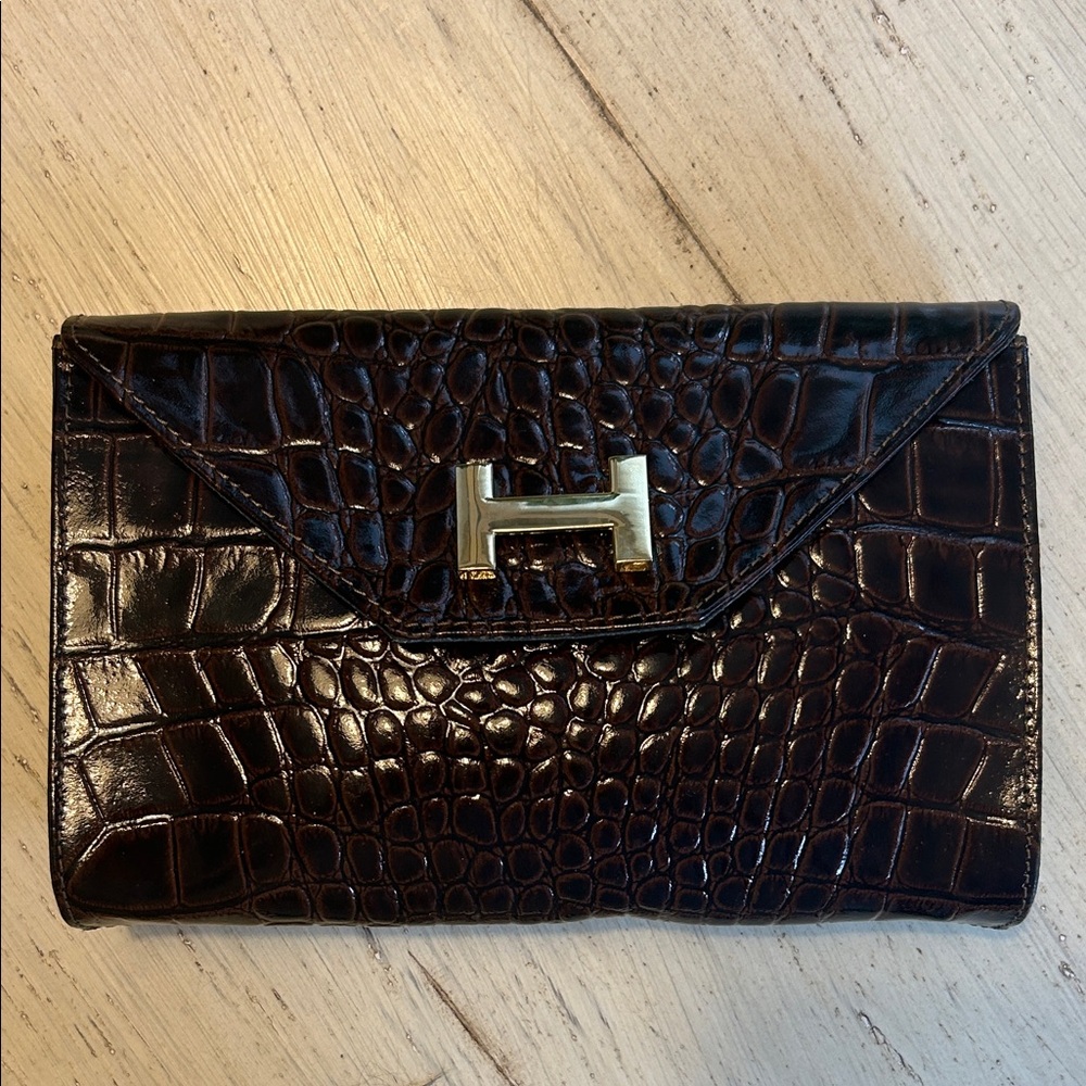Crocodile Embossed Clutch with Gold Accent